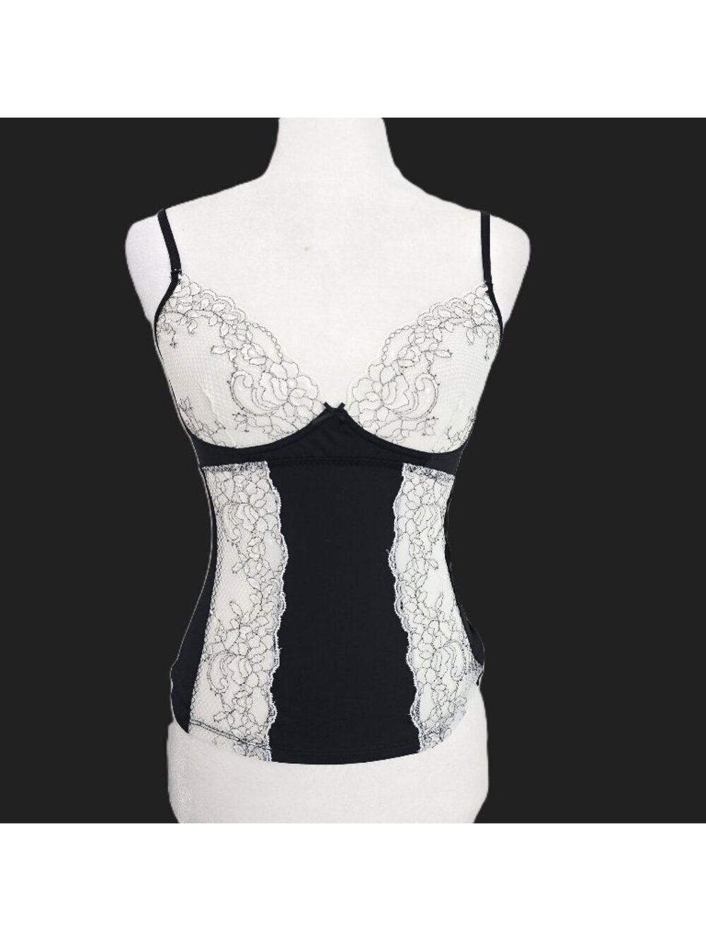 DKNY Y2K Black White Lace Lingerie Satin Nylon Cami Top Women Size S